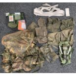 58 Pattern Webbing and a DPM Camo Bergan Rucksack, white vinyl sword belt, meter in pouch, etc.