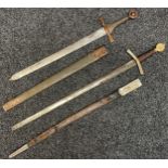 Pair of film prop German Swords in Crusader style: One with double edged blade, blunt round tip,