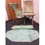 WW2 British RAF Officers Wash Stand dated 1942, canvas folding water bucket, Folding Chair, bed rool