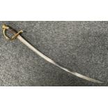 French Sword with curved, fullered, engraved blade 694mm in length. Brass guard. Wooden grip with