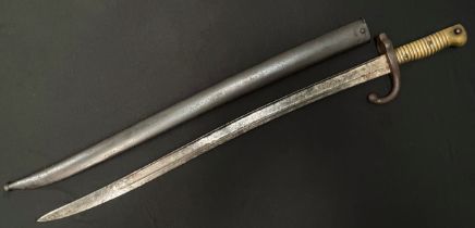 French Chassepot 1866 Pattern Bayonet single edged fullered blade 575mm in length. Spine of blade