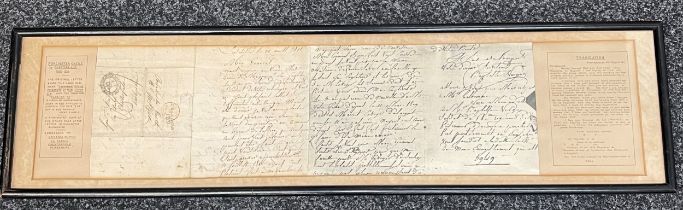 Napoleonic War Letter from a French Prisoner of War, Chesterfield connection , framed with