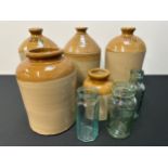 WW1 British SDR Rum Ration Ceramic Jars x3 plus two other ceramic jars and three glass jars