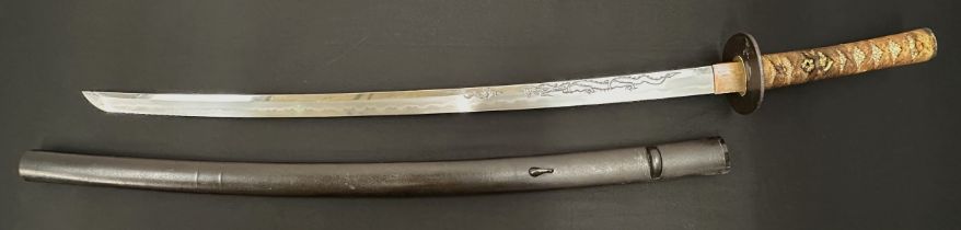 Japanese Katana Sword with single edged blade 715mm in length with good Hamon line to the cutting