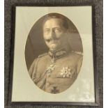 WW1 Imperial German oval shaped framed black and white print of Kaiser Wilhelm II in military