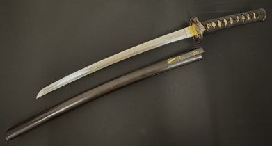 Japanese Wakizashi Sword with single edged blade 490mm in length. Faint Hamon line to cutting