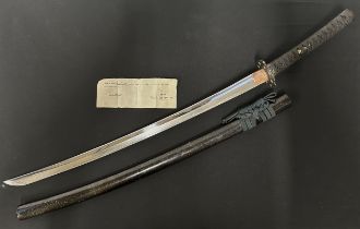 Japanese Katana Sword with single edged blade with very good Hamon line 676mm in length. Two holes