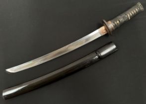 Japanese Wakizashi Sword with single edged blade 370mm in length with faint almost straight Hamon