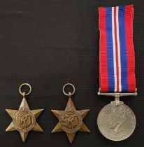 WW2 British 1939-45 Star, Burma Star and War Medal. No ribbons to both Stars.