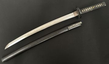 Japanese Wakizashi Sword with single edged blade 555mm in length. Edge of blade which has been
