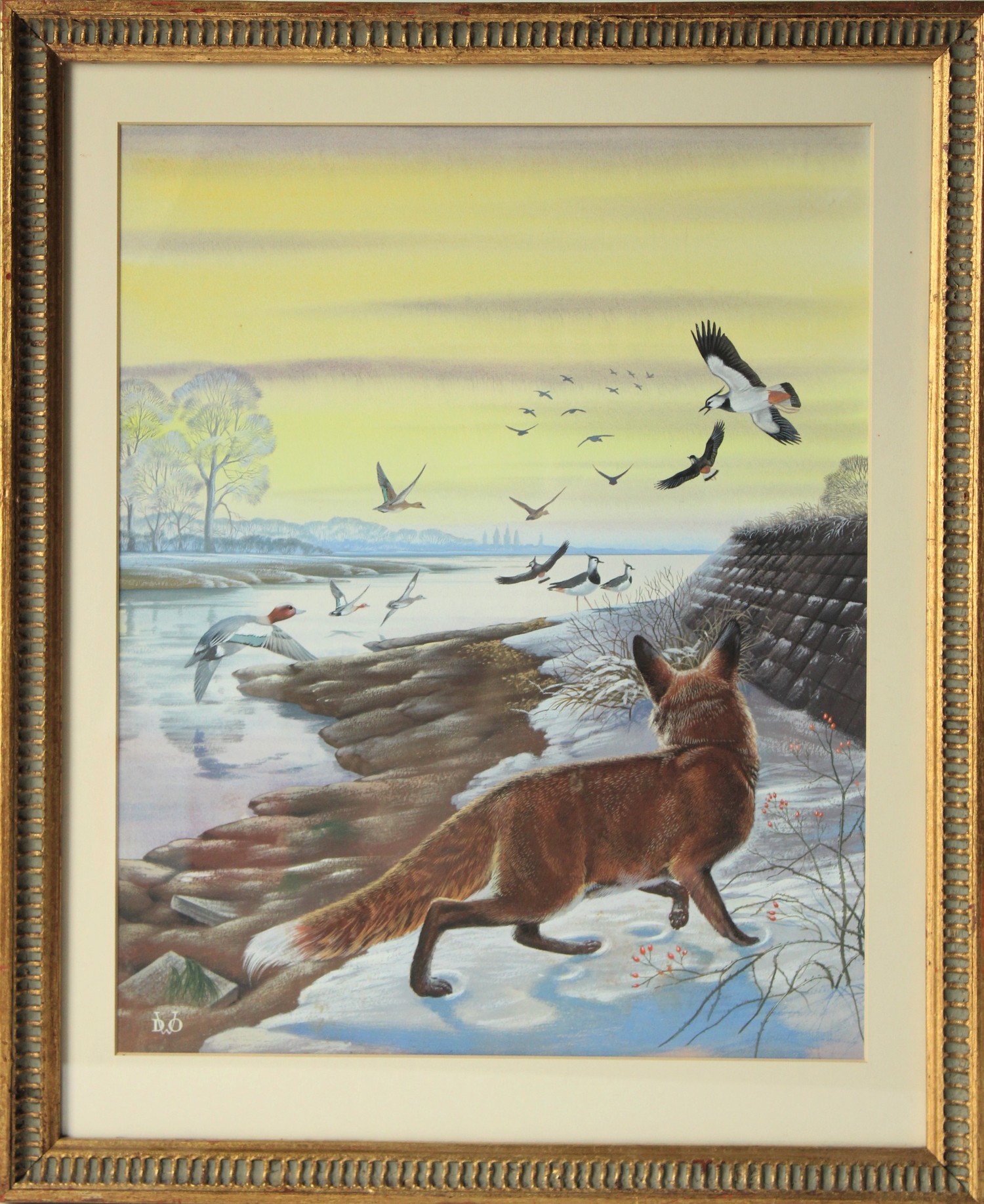 Denys Ovenden (1922-2019) ‘Fox and Lapwings, in Winter’ signed with monogram ‘DWO’, watercolour