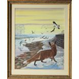 Denys Ovenden (1922-2019) ‘Fox and Lapwings, in Winter’ signed with monogram ‘DWO’, watercolour