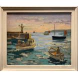 Eric Ward (bn. 1945), Leaving Harbour at St. Ives, signed, oil on board, 24cm x 29cm.