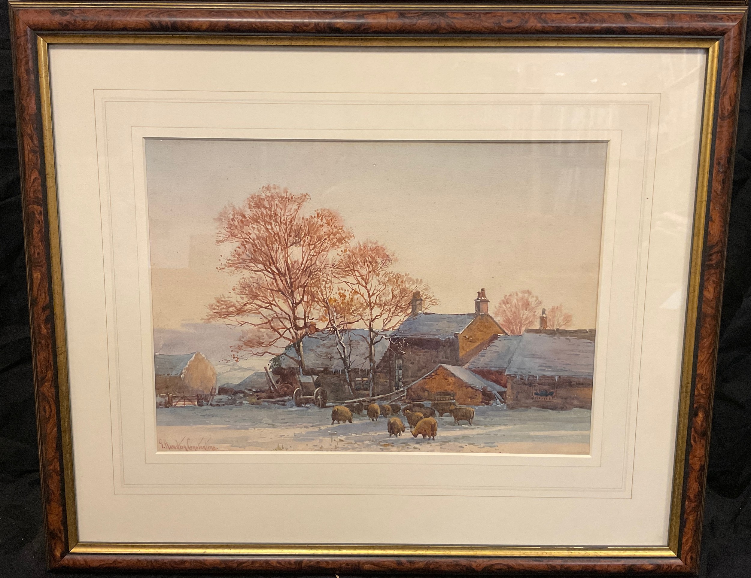 George Hamilton Constantine (1878-1967), a pair, Snowy Farms with Haycart and Sheep, signed, - Image 3 of 3