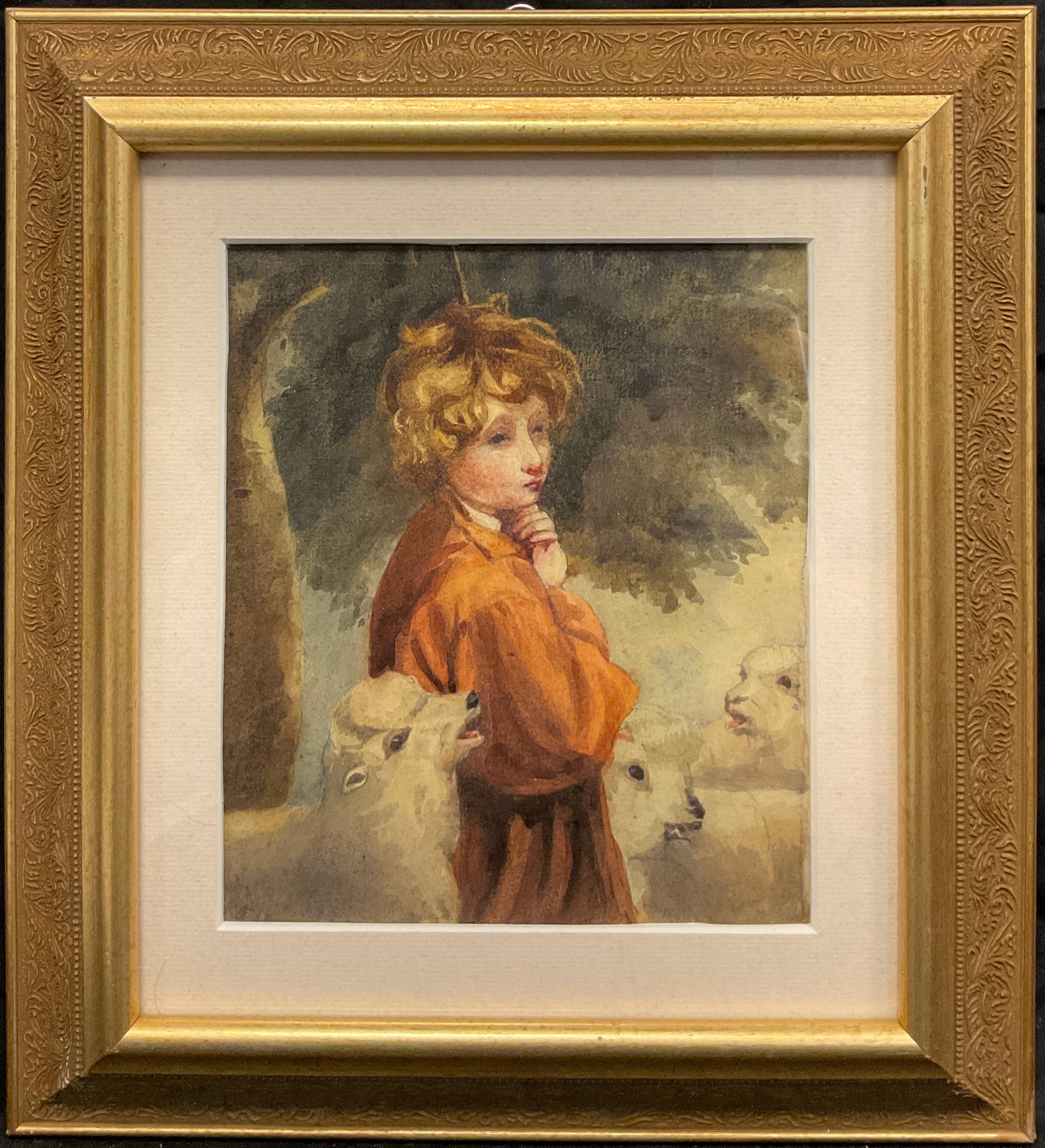 After Joshua Reynolds, A Young Shepherd, watercolour, 18cm x 15.5cm.