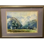 Geoff Milne, Towards the high mountains, signed, watercolour, 41cm x 58cm.