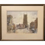 P. Burrows Smith, View of Queen Street, and the Cathedral, Derby, signed, watercolour, 34cm x 47.