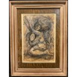 Toribio, primitivist figurative study, signed, chalk and charcoal, 34cm x 23cm.