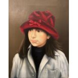 Joyce Wyatt (bn. 1940), Portrait of a girl in a Red Velvet Hat, signed, oil on canvas, 45.5cm x 35.