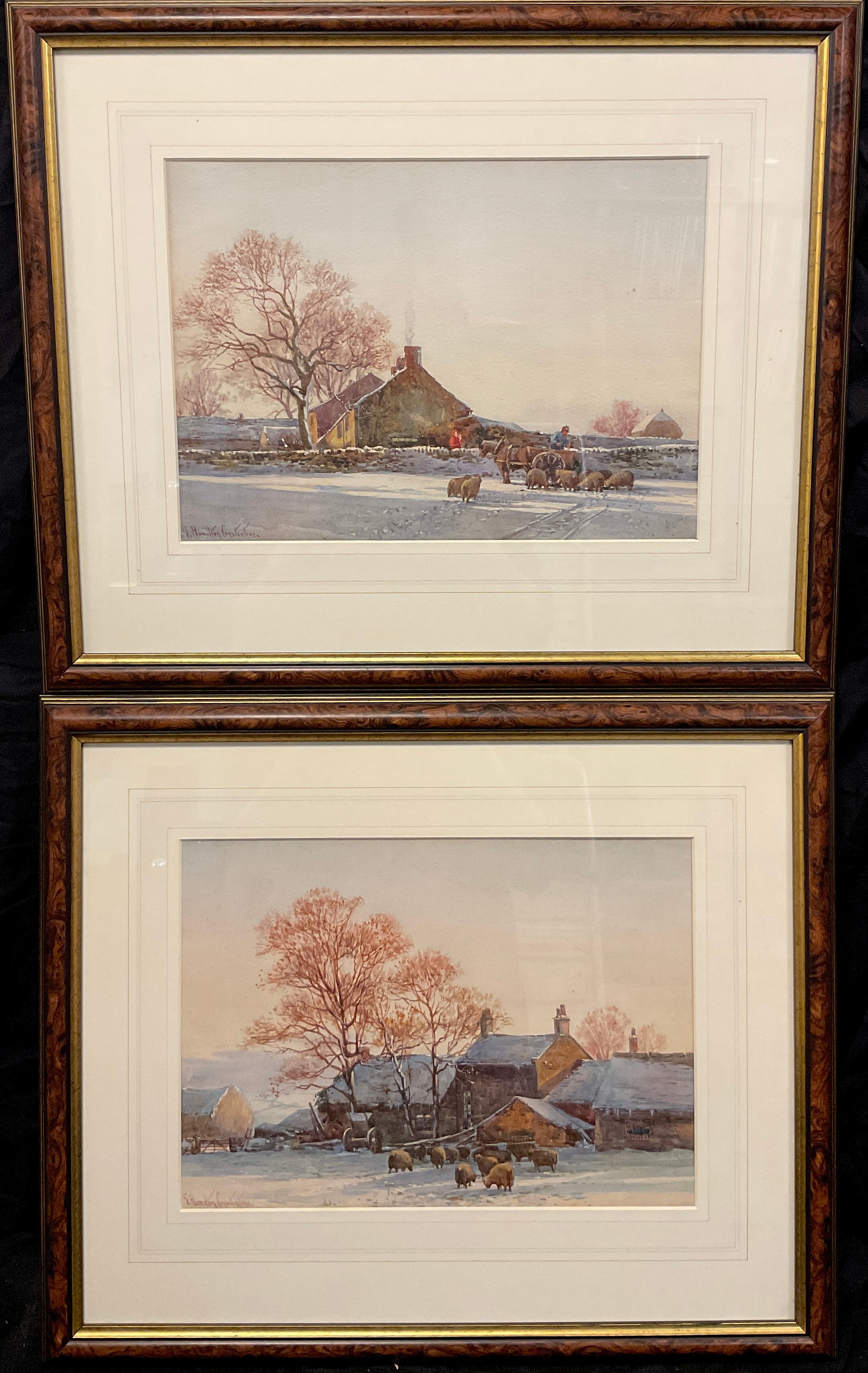 George Hamilton Constantine (1878-1967), a pair, Snowy Farms with Haycart and Sheep, signed,