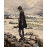 Impressionist school, British, mid 20th century, ‘Lone Girl on a windy shore’, oil on board, 30cm