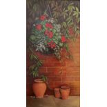 Joyce Wyatt (bn. 1940), 'Hanging Basket and Terracotta pots', signed, oil on canvas, gallery label