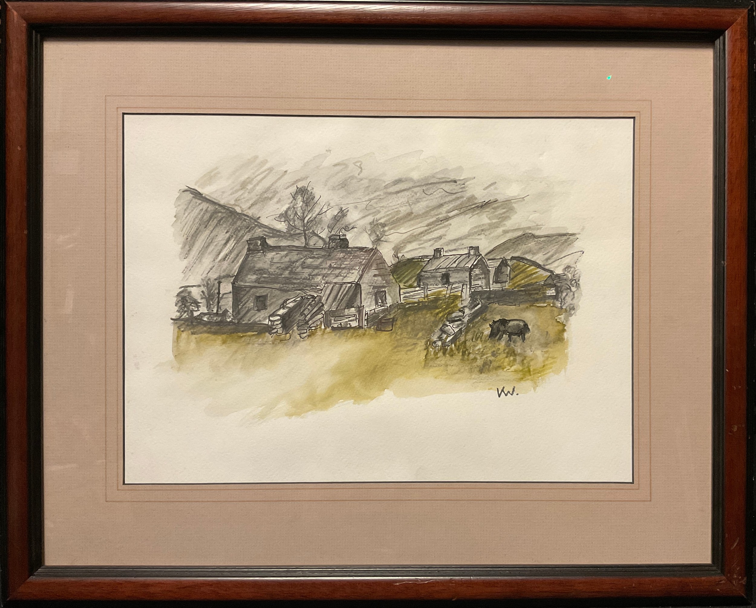 Manner of Kyffin Williams, Welsh cottages, signed with monogram KW, watercolour, 27cm x 37.5cm.