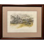 Manner of Kyffin Williams, Welsh cottages, signed with monogram KW, watercolour, 27cm x 37.5cm.