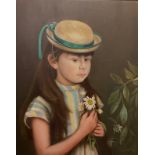 Joyce Wyatt (bn. 1940), Portrait of a young girl with posy of daisies, signed, oil on canvas, 51cm x