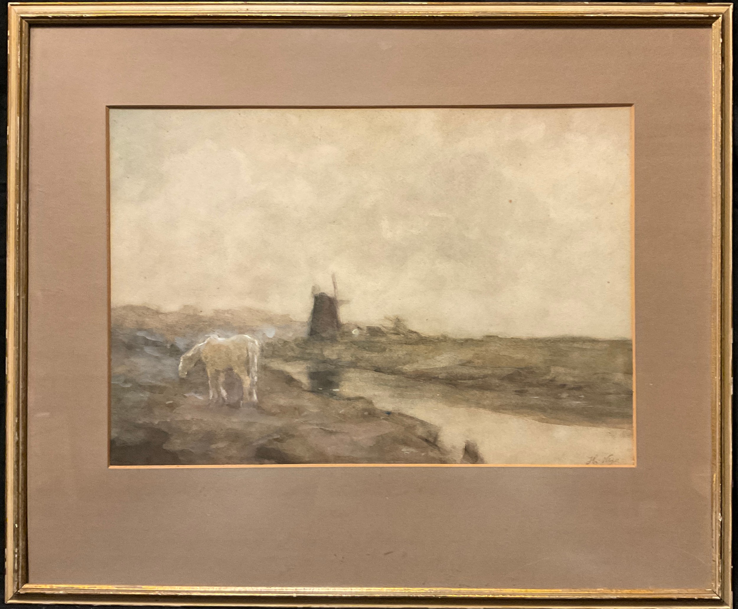 Herbert Nye (fl. 1885-1927), Windmill and a White Horse, signed, watercolour, 32cm x 47cm.