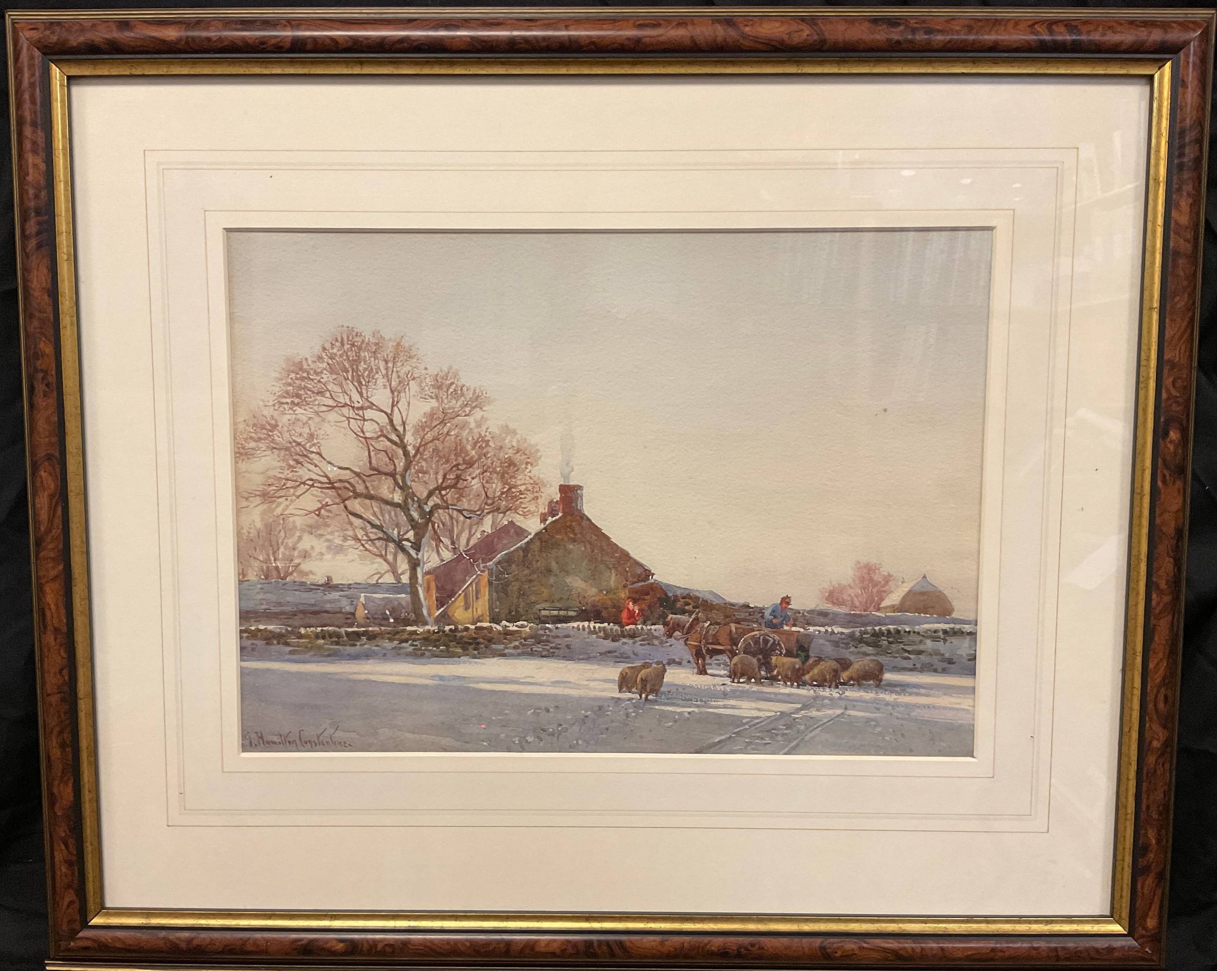 George Hamilton Constantine (1878-1967), a pair, Snowy Farms with Haycart and Sheep, signed, - Image 2 of 3