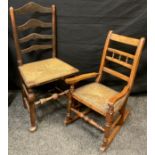 A Victorian walnut rocking chair, woven rush seat, 80cm high x 46cm wide, c.1880; an early 19th