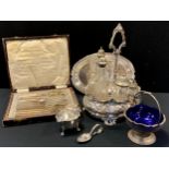 A Victorian silver plated cruet stand, five cut glass bottles; small jug; flatware etc