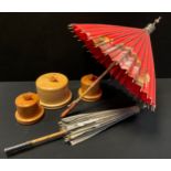 three novelty mouse topped wooden carved cheese domes; two oriental parasols (5)