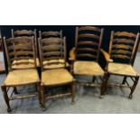 A matched set of six ladder back dining chairs, woven rush seats - comprising a 19th century elm