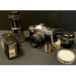 A Practica PM3 35mm SLR camera body, 28mm, 50mm and 80-210mm zoom lenses, flash, etc, all in carry