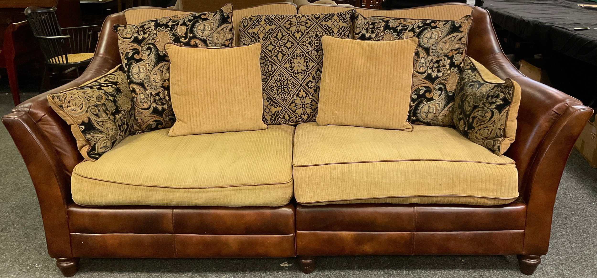 A Contemporary three seat tan leather and fabric sofa, and pair of matching armchairs, sofa - Image 2 of 2