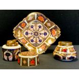 A Royal Crown Derby 1128 pattern Imari square bowl, acorn handles, similar table lighter and cover