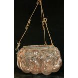 A wrought iron and blown pink glass ceiling light shade, three hanging chains, 38cm diameter
