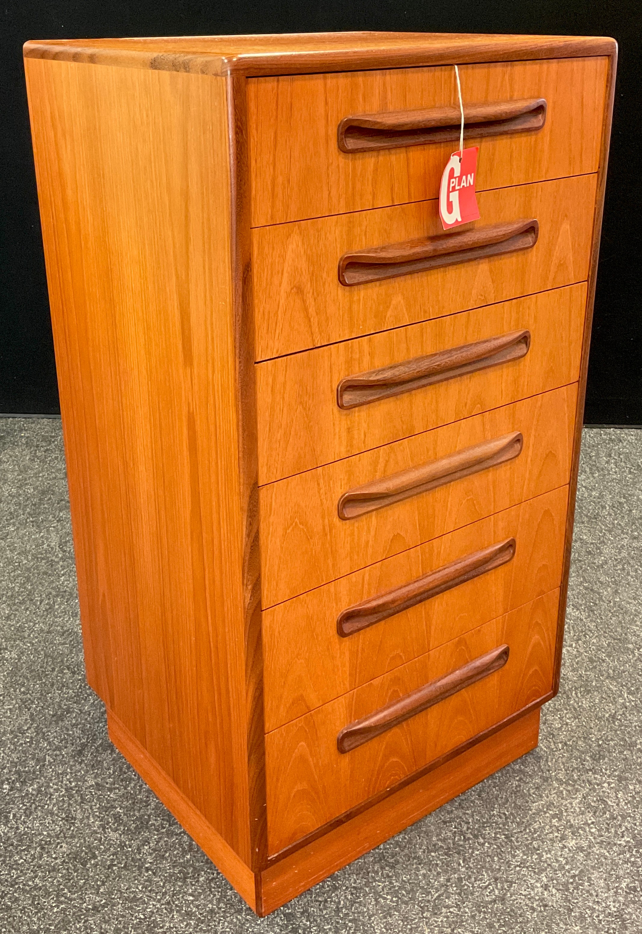 A G-plan teak tall chest of drawers, Fresco model, six drawers, 100cm high x 53.5cm wide x 44.5cm,