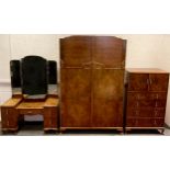 A mid 20th century walnut Art Deco bedroom suite, comprising double wardrobe, tall boy chest of