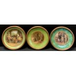 A Prattware plate, The Last In; others The Truant, The Bully, marbleised and green surrounds, gilt