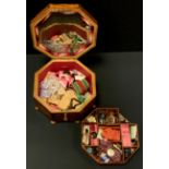 A mahogany and walnut marquetry inlaid octagonal shaped sewing/work box