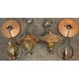 Lighting - A pair of wrought iron, copper and glass, Arts and Crafts style pendant ceiling lights,