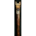 A French Bulldog handled walking stick, well defined and painted handle, slightly tapering