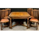 A mid 20th century oak draw-leaf dining table, by ‘Majority furniture’, 1930-1950, barley-twist