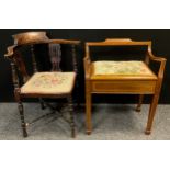 An Edwardian walnut and satinwood inlay corner chair, tapestry seat, turned legs, X-frame stretcher,