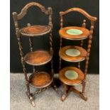 An early 20th century oak three tier cake stand, barley twist supports, 91cm high, c.1910;