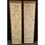 A pair of Chinese embroidered panels, each sewn in traditional designs with central vase, flower