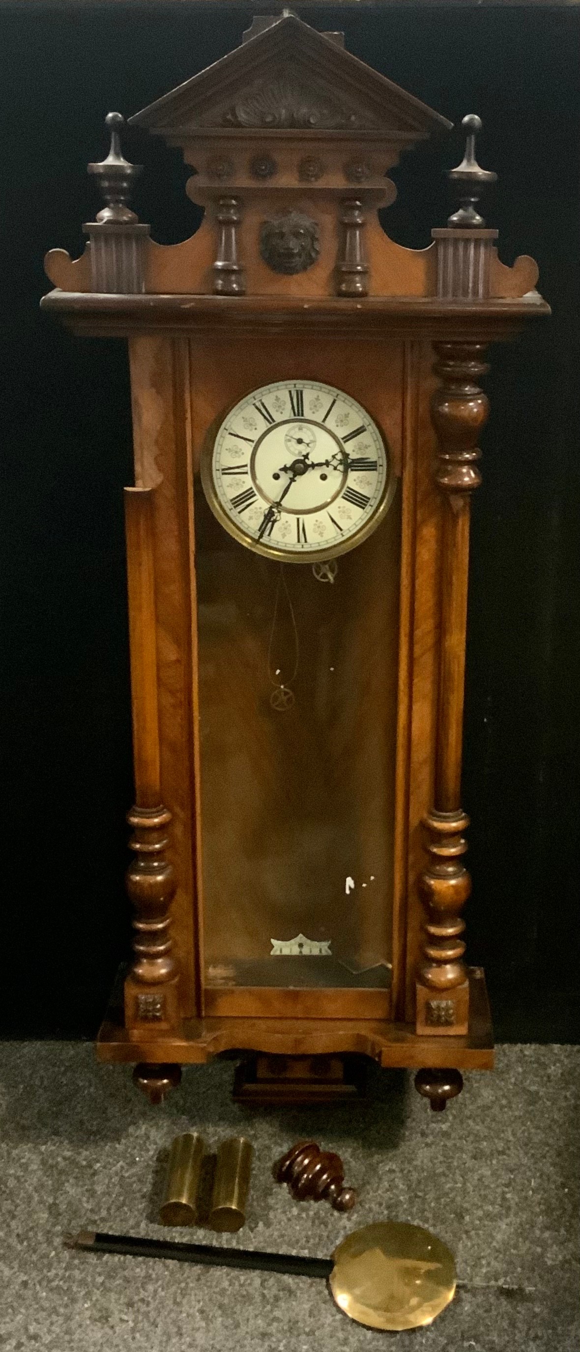 A 19th century Vienna wall clock, cream dial, bold Roman numerals, eight day two train movement,